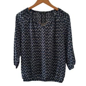 Zac & Rachel Top Women S Blouse Blue White Chevron Chiffon Career Business Gold